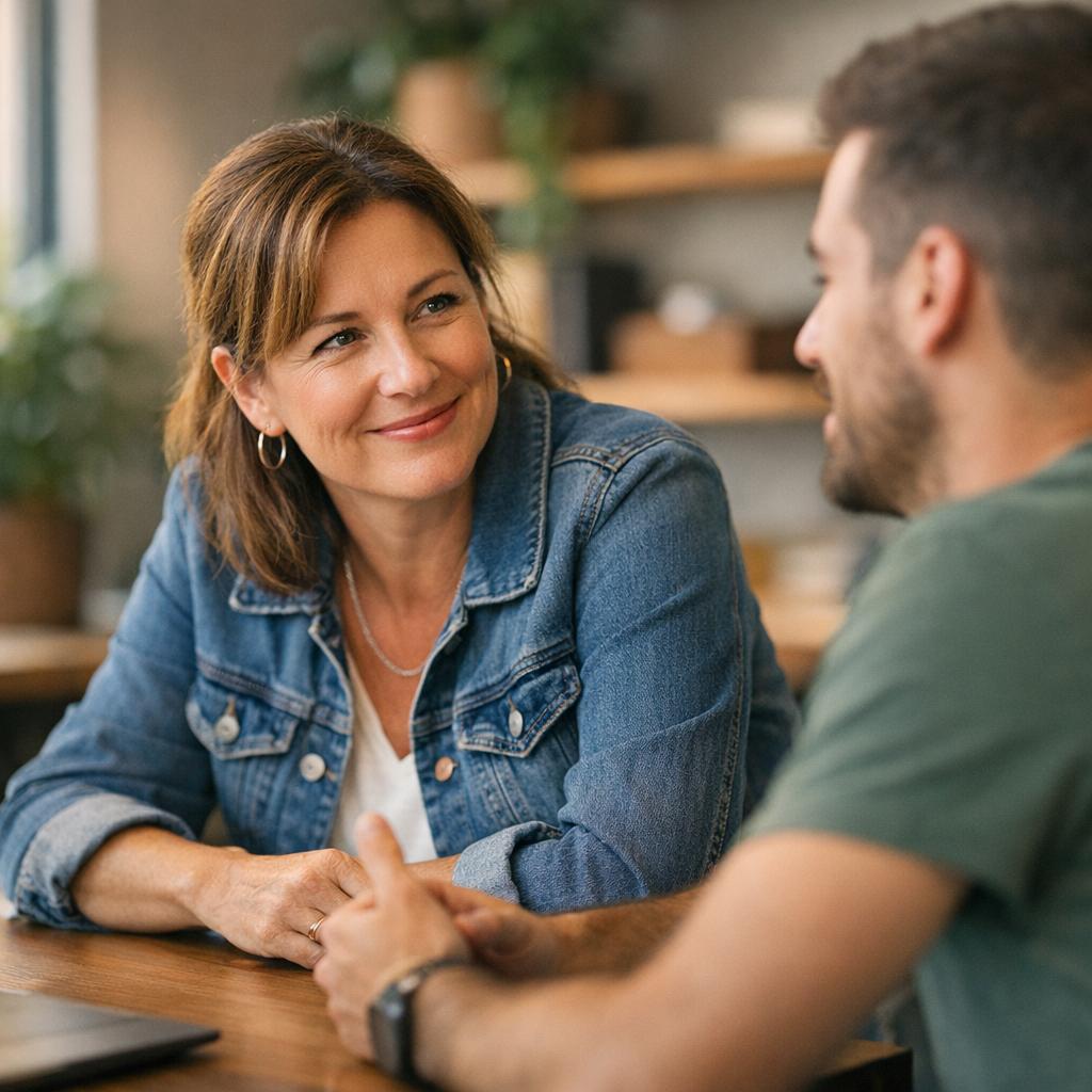 Small business owner having a one-on-one conversation with an employee — managing psychosocial hazards at work starts with checking in