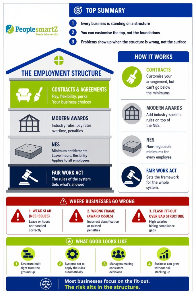 Infographic showing Fair Work compliance for small business as a house — Fair Work Act foundation, NES slab, Modern Awards frame and contracts as the fit-out.